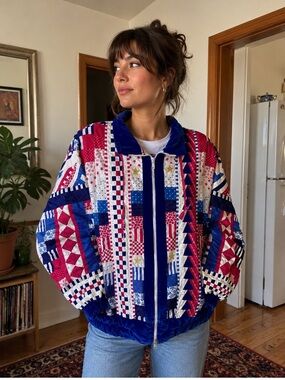 Vintage USA Patchwork Quilted Jacket Red White Blue Americana Size XL